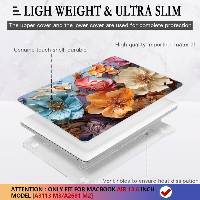 Cissook For Macbook Air M2 M3 13.6 Inch Case 2022 2023 2024 Release  Flower Hard Shell Case With Keyboard Cover + Otg Adapter For Macbook Air A3113 M3 / A2681 M2 Case With Touch Id 2022-2024 - Image 4