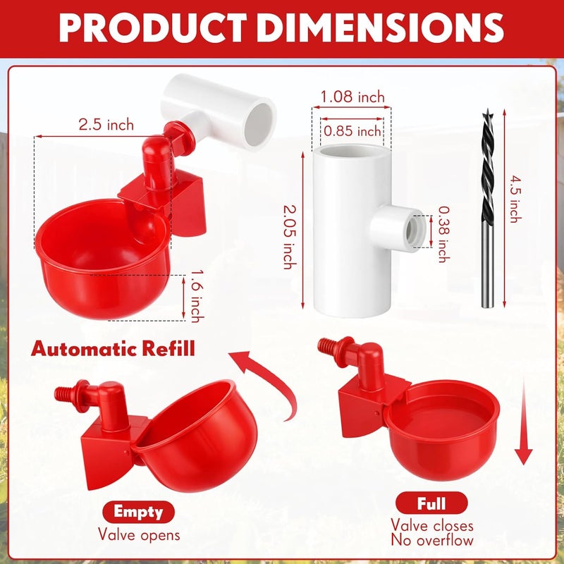 LemonRoad 30 Set Automatic Chicken Waterer Cups with 1/2" PVC Tee Fittings Chicken Drinking Bowl, Mounting Hole Opener, Water Feeder System for Duck, Goose, Turkey(Red) - Image 2