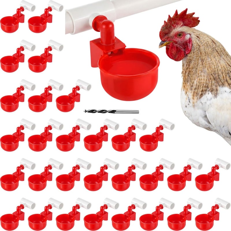 LemonRoad 30 Set Automatic Chicken Waterer Cups with 1/2" PVC Tee Fittings Chicken Drinking Bowl, Mounting Hole Opener, Water Feeder System for Duck, Goose, Turkey(Red) - Image 1
