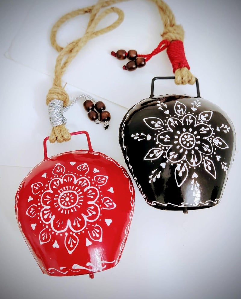 MIRAMAYEE Red Black Combo Religious Spiritual Hand Crafted Iron Bells Door Hanging Decorative Bell Cow Bell for Luck and Evil Protector 6 Inches - Image 3