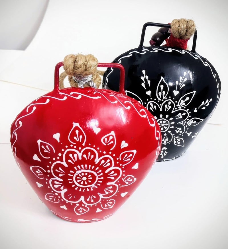 MIRAMAYEE Red Black Combo Religious Spiritual Hand Crafted Iron Bells Door Hanging Decorative Bell Cow Bell for Luck and Evil Protector 6 Inches - Image 2