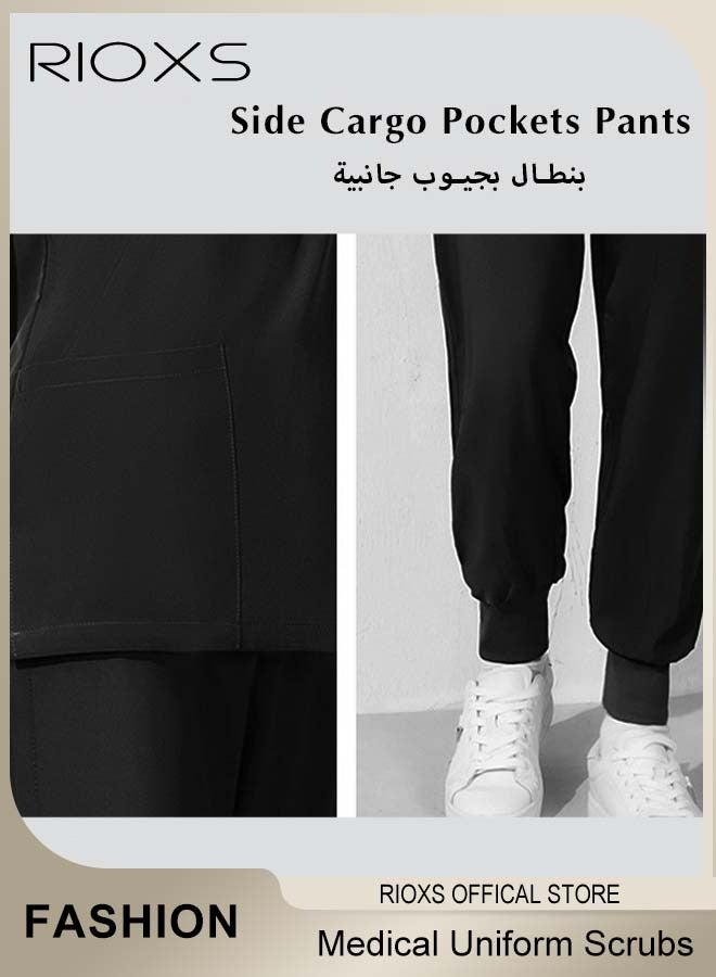 RIOXS Unisex Medical Uniform Scrubs, Women And Men Scrubs Set, Professionals Medical Scrubs Short Sleeve Top And Pants For Workwear, Soft Stretch V-Neck Top And Trousers, Black V-neck Medical Uniform, Hospital Nurse Scrubs Set, Dentist Clinic Uniform Unisex, Pharmacy Technician Workwear - Image 4