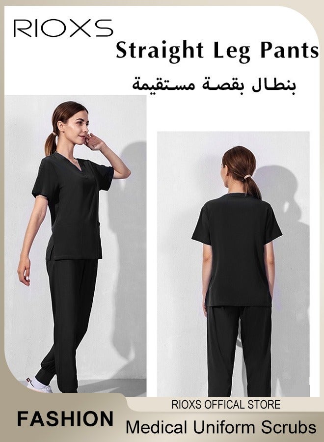 RIOXS Unisex Medical Uniform Scrubs, Women And Men Scrubs Set, Professionals Medical Scrubs Short Sleeve Top And Pants For Workwear, Soft Stretch V-Neck Top And Trousers, Black V-neck Medical Uniform, Hospital Nurse Scrubs Set, Dentist Clinic Uniform Unisex, Pharmacy Technician Workwear - Image 2