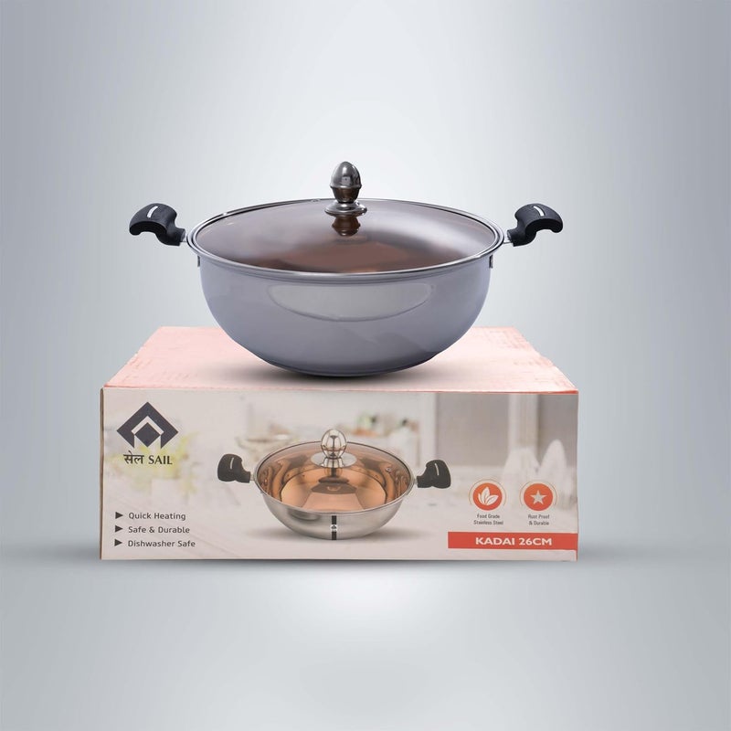 SAIL SAIL Salem Stainless Kadai 24 CM Premium 304 Grade Stainless Steel Durable Versatile Indian Cooking Wok Dishwasher Safe - Image 1