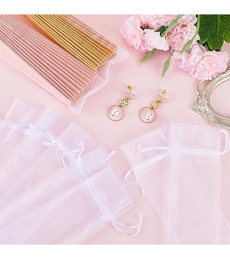 White Organza Fan Favor Bags 50pcs with Drawstring for Wedding Party - Image 2