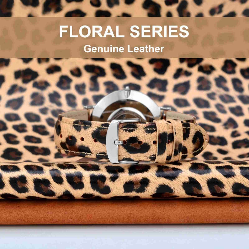 WOCCI 20mm Flower Watch Band for Women, Genuine Leather, Quick Release Strap, Silver Buckle (Leopard) - Image 2