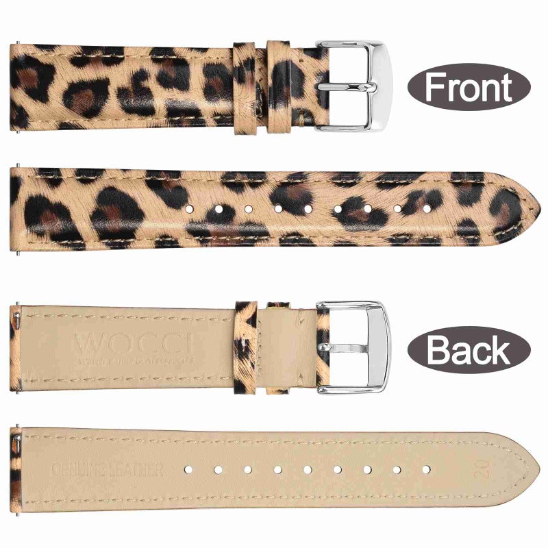 WOCCI 20mm Flower Watch Band for Women, Genuine Leather, Quick Release Strap, Silver Buckle (Leopard) - Image 4