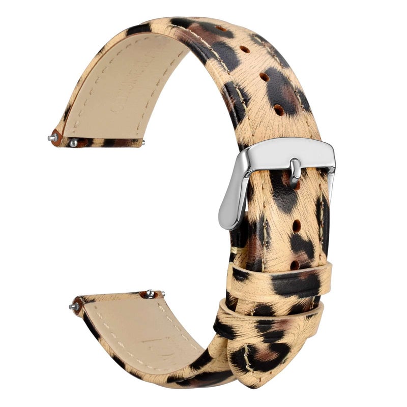 WOCCI 20mm Flower Watch Band for Women, Genuine Leather, Quick Release Strap, Silver Buckle (Leopard) - Image 1