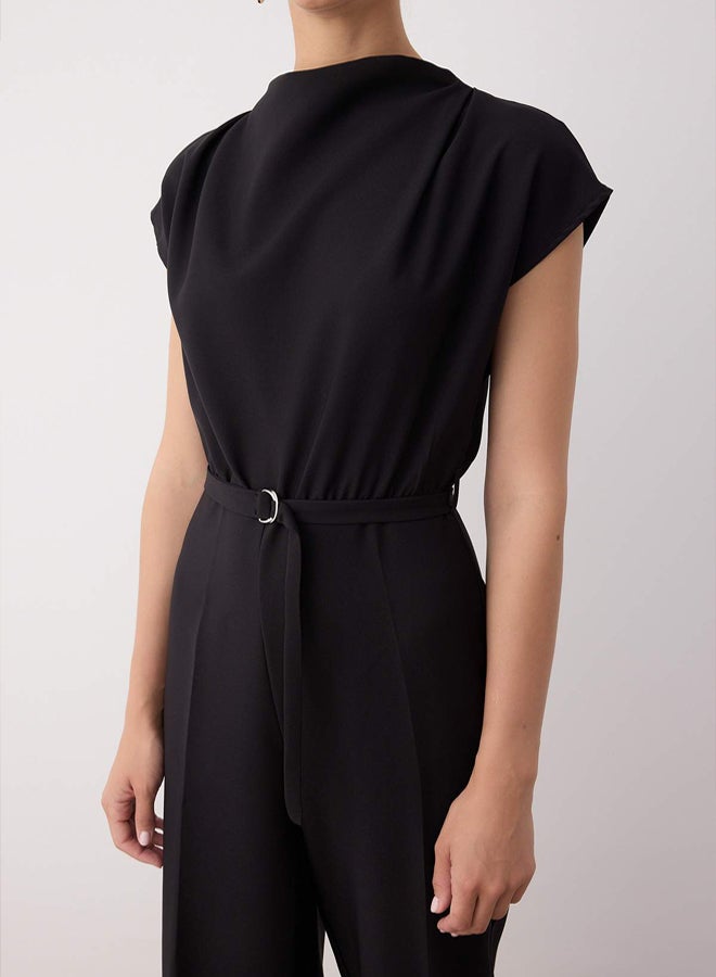 trendyol Black Belted Wide Leg Degaje Collar Jumpsuit - Image 3
