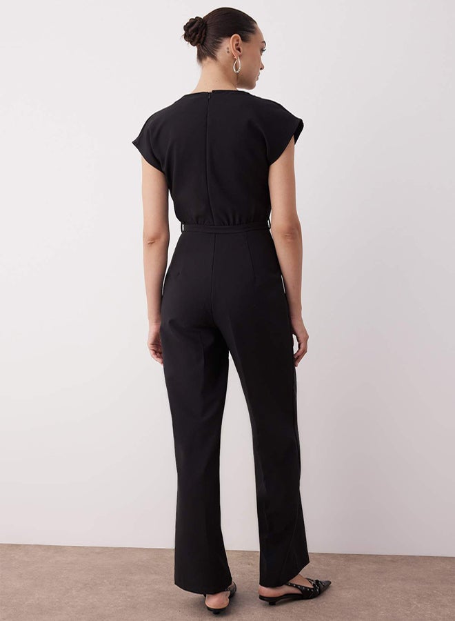 trendyol Black Belted Wide Leg Degaje Collar Jumpsuit - Image 4