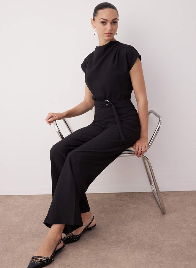 trendyol Black Belted Wide Leg Degaje Collar Jumpsuit - Image 1