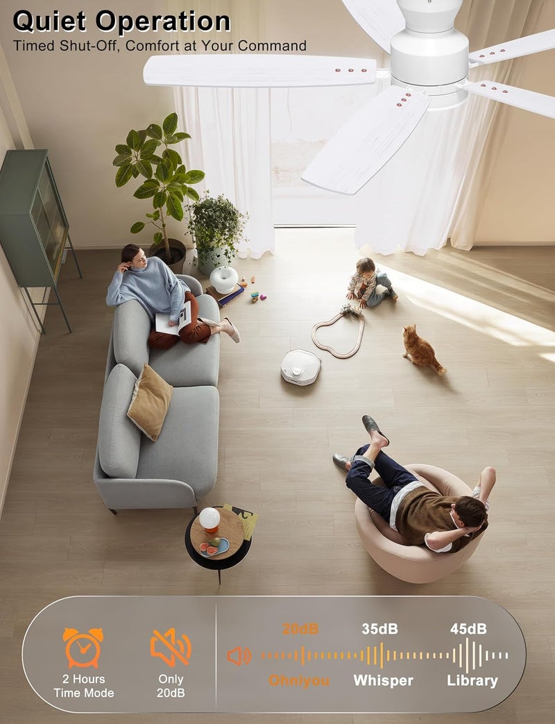 Ohniyou Ceiling Fans with Lights, 52'' Low Profile Ceiling Fan with Light and Remote/APP Control, Modern Flush Mount Ceiling Fan for Indoor Bedroom Living Room, Dimmable, Qiuet DC Motor, White - Image 5