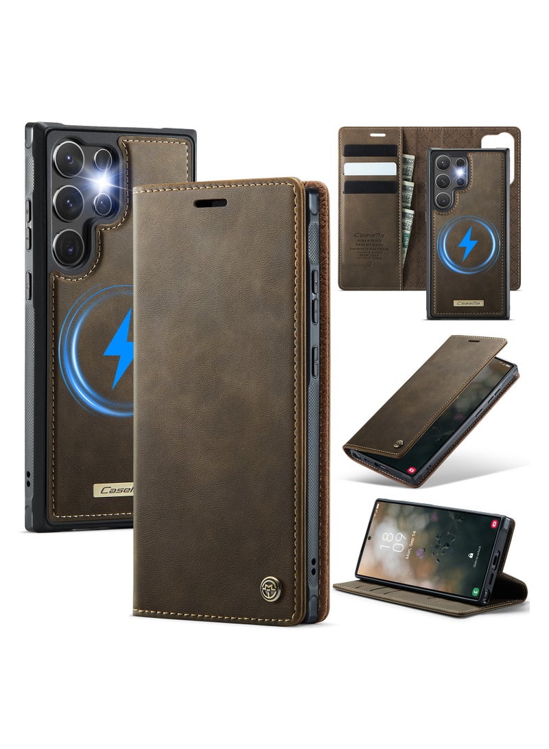 CaseMe Phone Case Cover Luxury PU Leather Design Flip Cover Card Slot Holder Support Magnetic wireless charging Back Cover detachable Compatible with Samsung Galaxy S23 Ultra  ( Coffe ) - Image 1