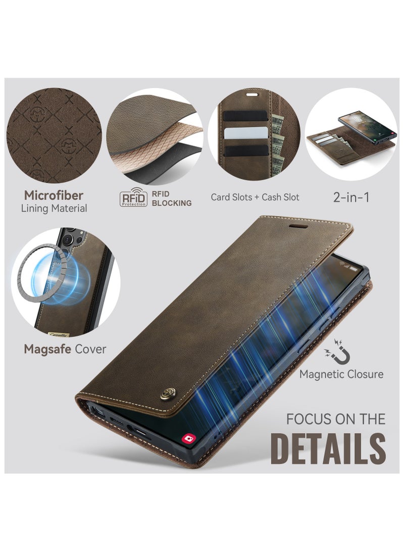 CaseMe Phone Case Cover Luxury PU Leather Design Flip Cover Card Slot Holder Support Magnetic wireless charging Back Cover detachable Compatible with Samsung Galaxy S23 Ultra  ( Coffe ) - Image 5