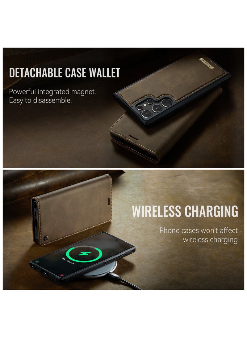 CaseMe Phone Case Cover Luxury PU Leather Design Flip Cover Card Slot Holder Support Magnetic wireless charging Back Cover detachable Compatible with Samsung Galaxy S23 Ultra  ( Coffe ) - Image 2
