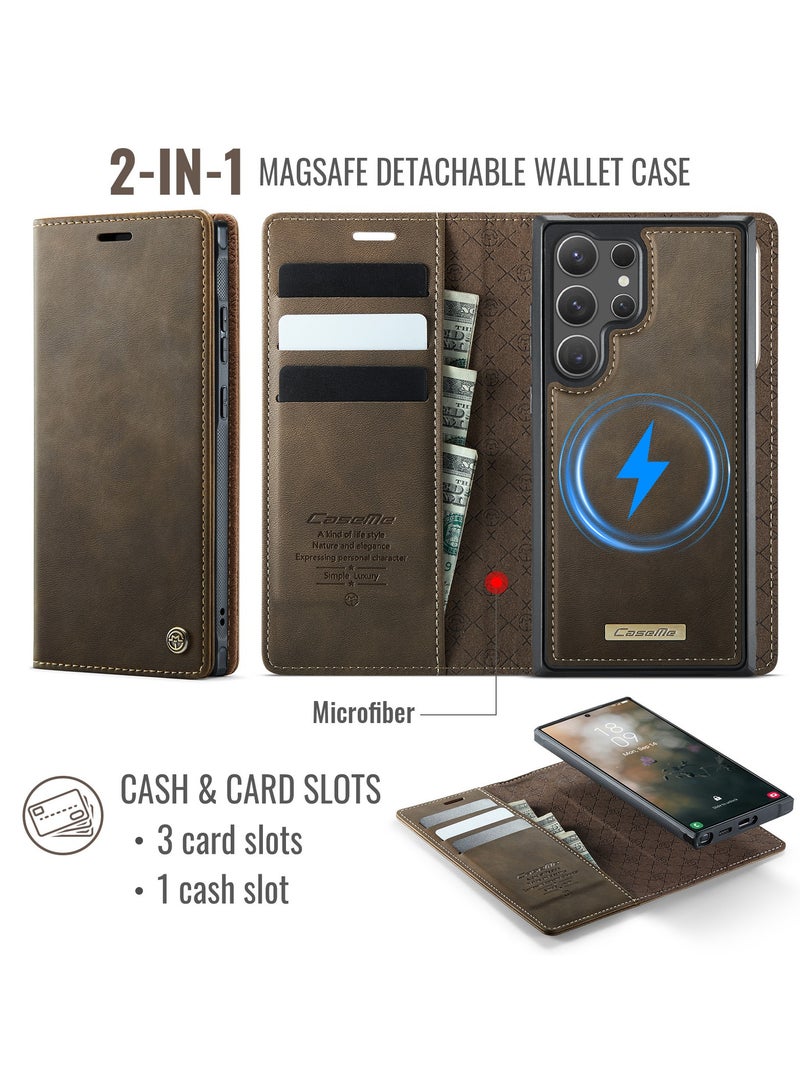 CaseMe Phone Case Cover Luxury PU Leather Design Flip Cover Card Slot Holder Support Magnetic wireless charging Back Cover detachable Compatible with Samsung Galaxy S23 Ultra  ( Coffe ) - Image 3