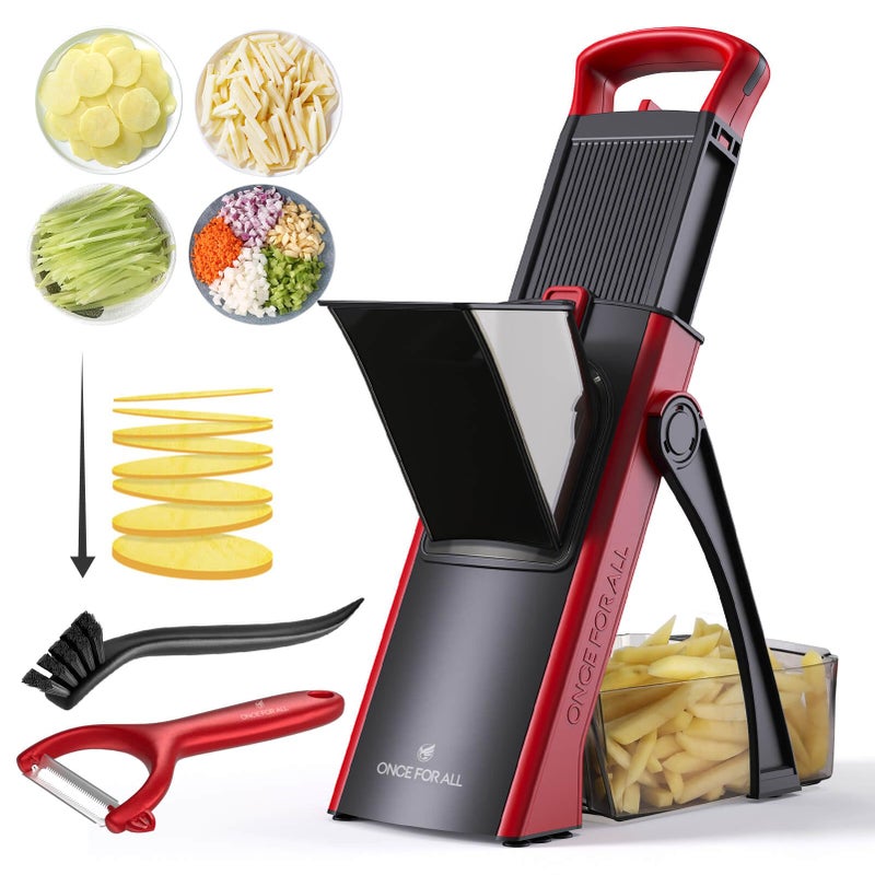 ONCE FOR ALL Safe Mandoline Slicer For Kitchen, Biger Size, Adjustable Vegetable Chopper Food Slicer Potato French Fry Cutter with Peeler, Detachable, Kitchen Chopping Artifact (Red) - Image 1