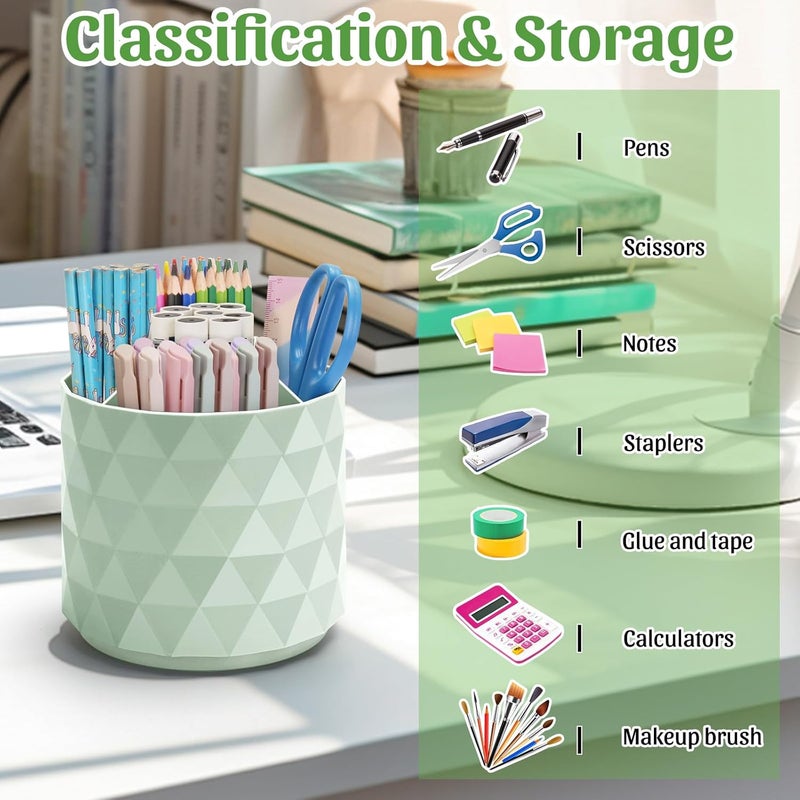 minimaliving Desk Organiser,Sparkling Diamond-like Pen Holder 360°Rotating Office Desk Accessories,Pen Pot with 5 Compartments Storage Box Caddy for Office,School,Home,Art Supply(Light Green) - Image 3