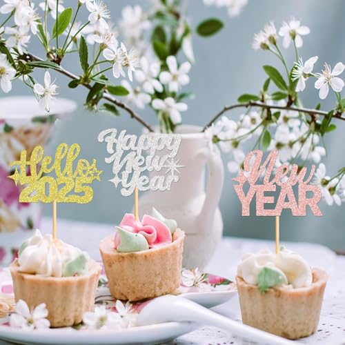 Festiko® 24 Pcs Glitter Happy New Year Cupcake Toppers (Rose Gold, Gold & Silver - 3 designs), New Year Cake Decoration, New Years Eve Party Supplies - Image 4