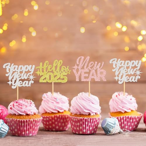 Festiko® 24 Pcs Glitter Happy New Year Cupcake Toppers (Rose Gold, Gold & Silver - 3 designs), New Year Cake Decoration, New Years Eve Party Supplies - Image 3