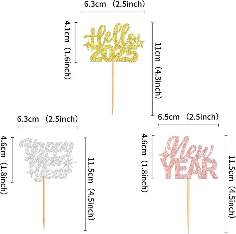 Festiko® 24 Pcs Glitter Happy New Year Cupcake Toppers (Rose Gold, Gold & Silver - 3 designs), New Year Cake Decoration, New Years Eve Party Supplies - Image 2