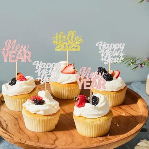 Festiko® 24 Pcs Glitter Happy New Year Cupcake Toppers (Rose Gold, Gold & Silver - 3 designs), New Year Cake Decoration, New Years Eve Party Supplies - Image 5