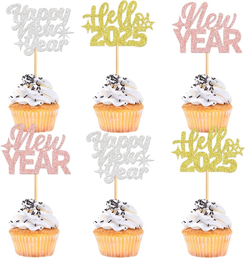 Festiko® 24 Pcs Glitter Happy New Year Cupcake Toppers (Rose Gold, Gold & Silver - 3 designs), New Year Cake Decoration, New Years Eve Party Supplies - Image 1