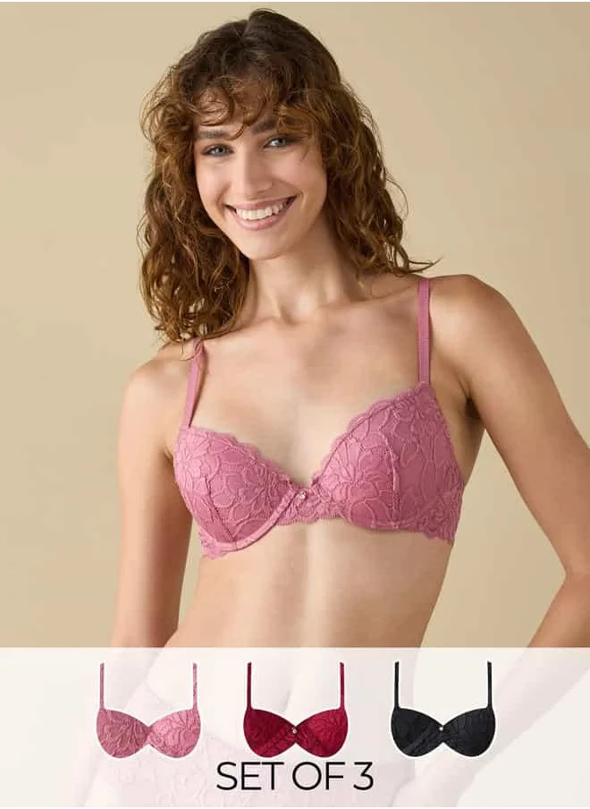 Splash FAV Set of 3 - Lace Detail Push-Up Bra with Hook and Eye Closure