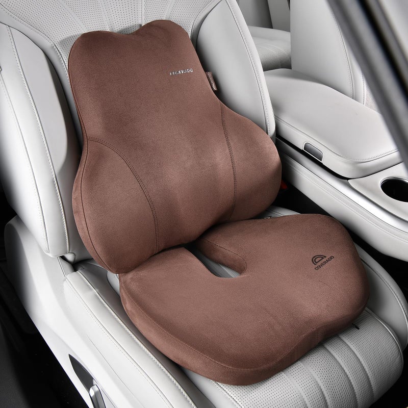 Coverado Memory Foam Car Seat Cushion and Lumbar Support Pillow for Car, Ergonomic Office Chair Cushion for Lower Back Pain Relief, Breathable & Non-Slip for Car, Home, and Office Use, Coffee - Image 1