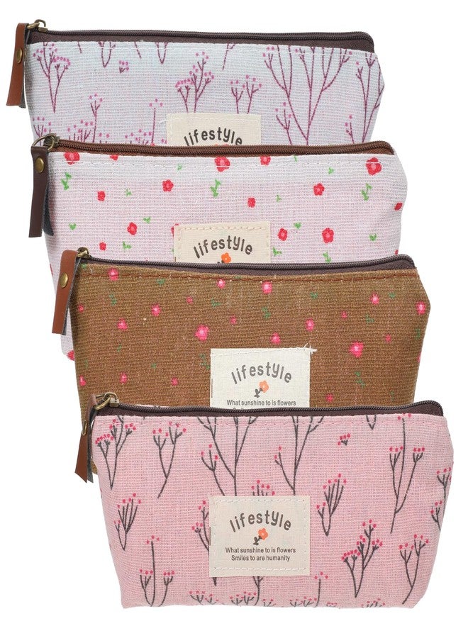Apausvcm 4Pcs Mini Makeup Bag, Linen Floral Pouch for Purse Small Cosmetic Bags with Zipper Cute Coin Purse Portable Storage Pouch Fabric Pencil Pouches for Women Girls - Image 1