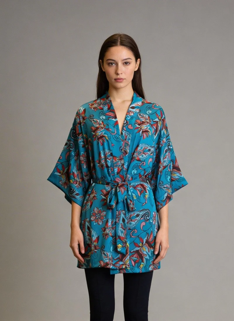 جانارا جونز Blue Floral Paisley Satin Robe