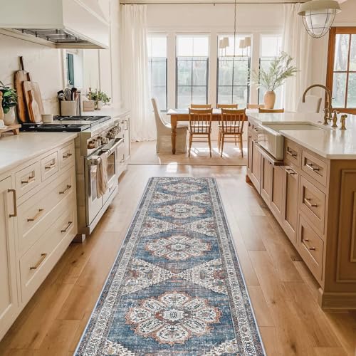 Washable Kitchen Runner Rug  2x10 Hallway Rug Distressed Mats NonSlip Soft Room Floor Carpet for Dining Room Blue 2 x 10