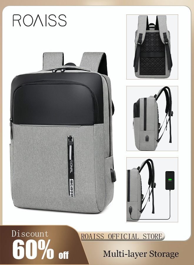 roaiss Multifunction Waterproof Backpack with USB Port Colorblock Waterproof Oxford School Bag for Men Work Travel Flight Business Commuter 15.6" Laptop Black/Grey - Image 1