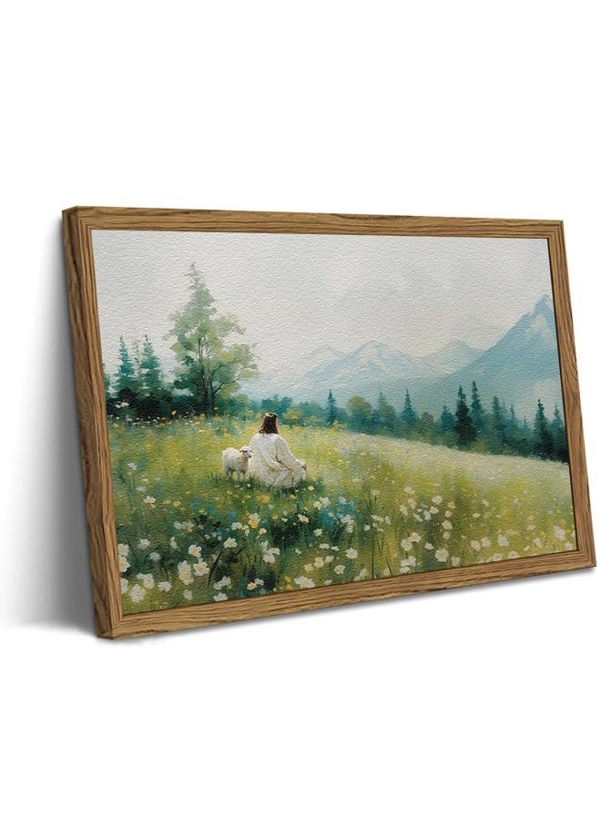 Hwetui Framed 3D Textured Christian Jesus Leaves the 99 Sheep Wall Art, Hand Drawn Sandstone Jesus and Lamb Wall Decor Pictures, Lost Sheep Pictures Prints for Living Room Church Prayer Room - Image 1