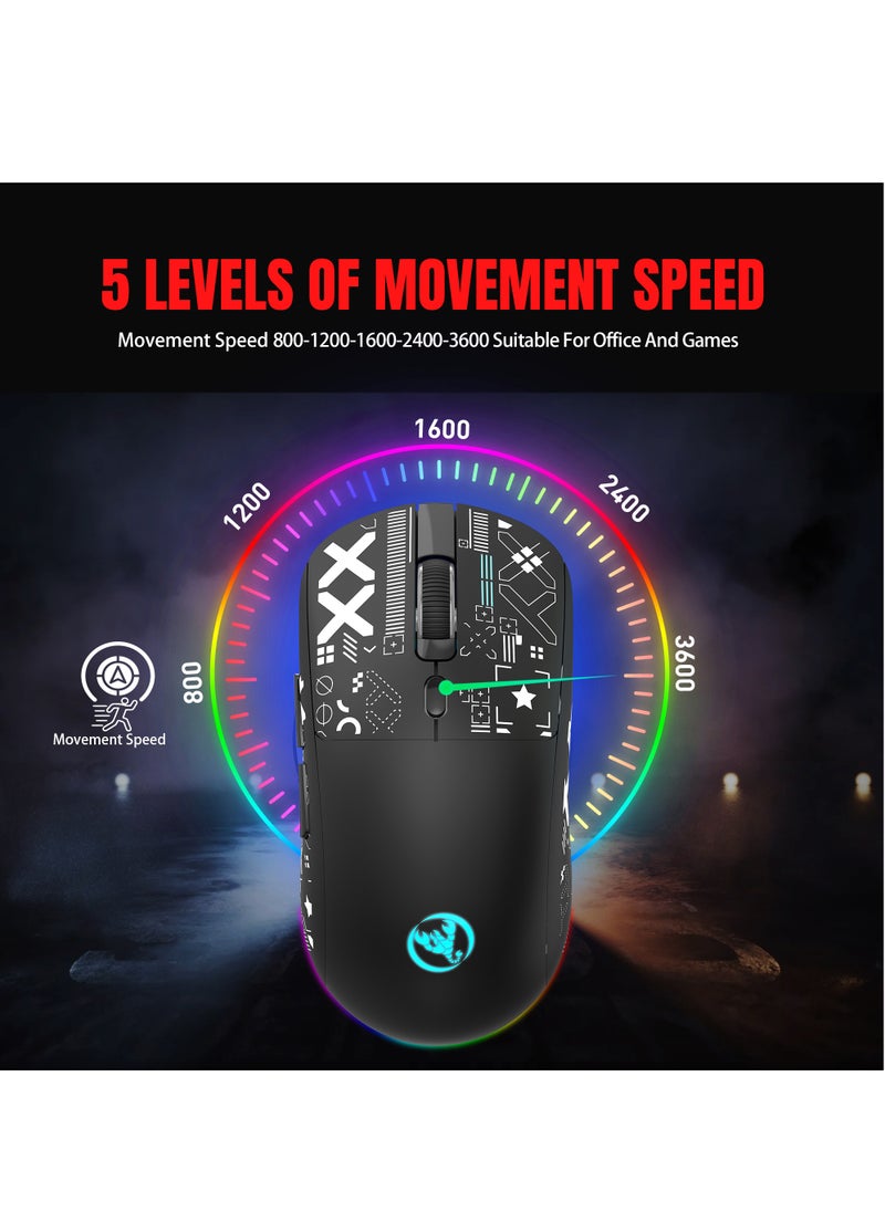 Wired+2.4 G Wireless+BT5.3 Gaming Mouse, 1200/1600/2400/3600 DPI Adjustable Silent Mouse, 6 Keys and RGB Light Software Macro Programming for Gaming Work Black
