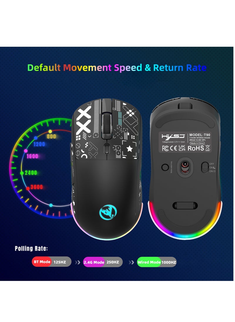 Wired+2.4 G Wireless+BT5.3 Gaming Mouse, 1200/1600/2400/3600 DPI Adjustable Silent Mouse, 6 Keys and RGB Light Software Macro Programming for Gaming Work Black