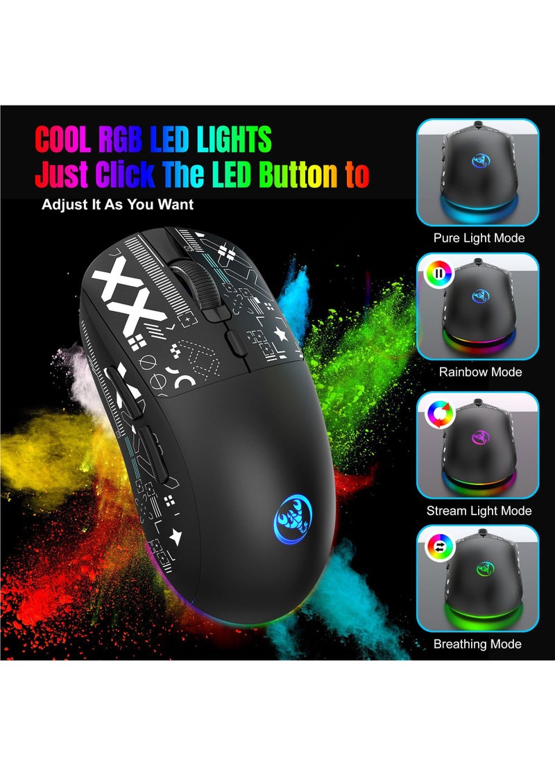 Wired+2.4 G Wireless+BT5.3 Gaming Mouse, 1200/1600/2400/3600 DPI Adjustable Silent Mouse, 6 Keys and RGB Light Software Macro Programming for Gaming Work Black