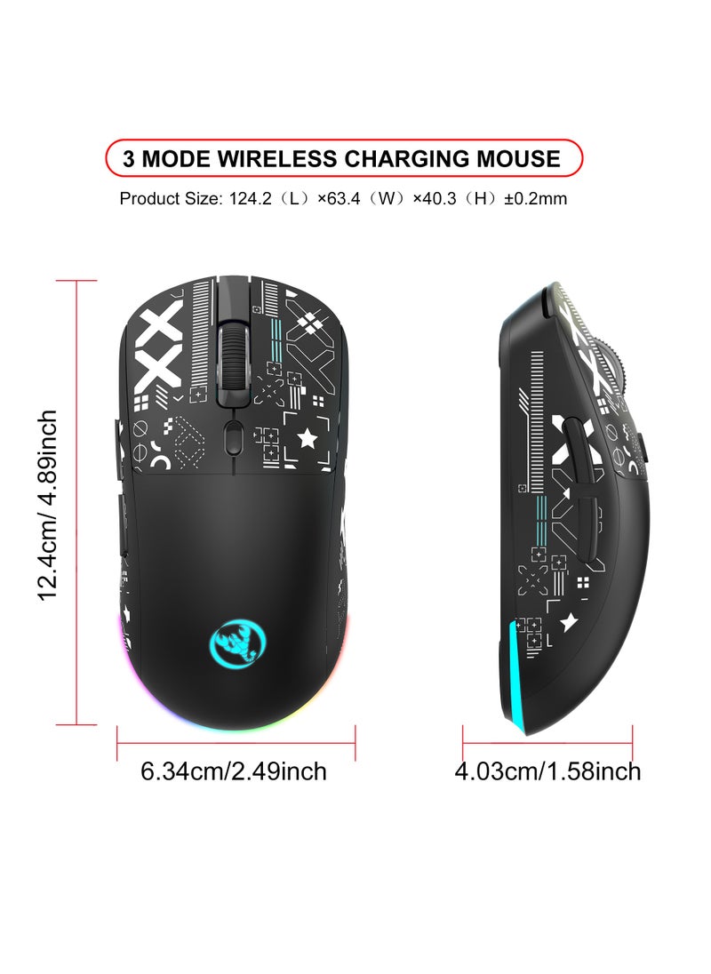 Wired+2.4 G Wireless+BT5.3 Gaming Mouse, 1200/1600/2400/3600 DPI Adjustable Silent Mouse, 6 Keys and RGB Light Software Macro Programming for Gaming Work Black