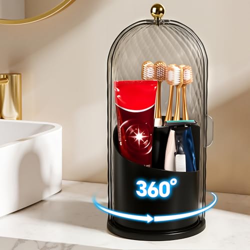 Banafich 3 Slots Toothbrush Holders with Lid, Rotating Concealed Tooth Brush Holders for Bathroom, Countertop Toothbrush Holder with Cover, Toothpaste Holder for Bathrooms, Makeup Brush Holder(Black) - Image 1