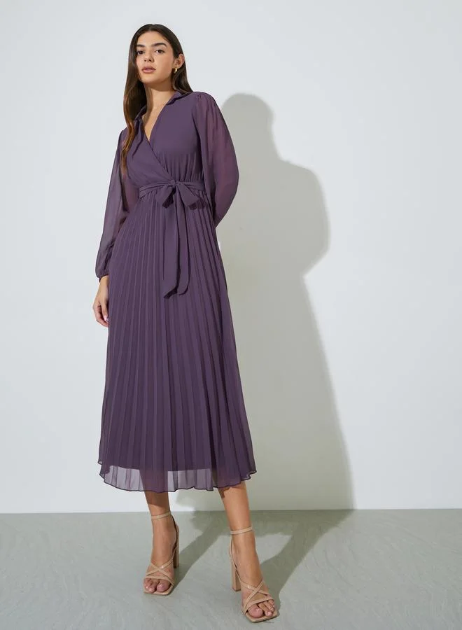 Lilac Solid Tie-Up Waist Pleated Wrap Maxi Dress