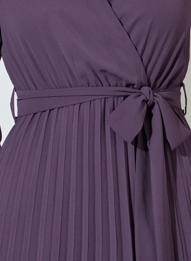 Styli  Lilac Solid Tie-Up Waist Pleated Wrap Maxi Dress for Women | Best Price UAE