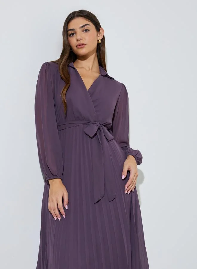 Styli  Lilac Solid Tie-Up Waist Pleated Wrap Maxi Dress for Women | Best Price UAE