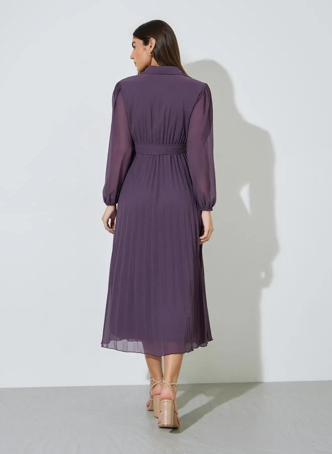 Styli  Lilac Solid Tie-Up Waist Pleated Wrap Maxi Dress for Women | Best Price UAE