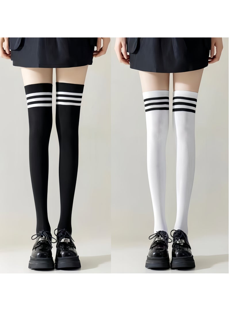 2 Pairs College Style High Thigh Socks Women Stripe Tube Dresses Over the Knee Long Stockings - Image 1