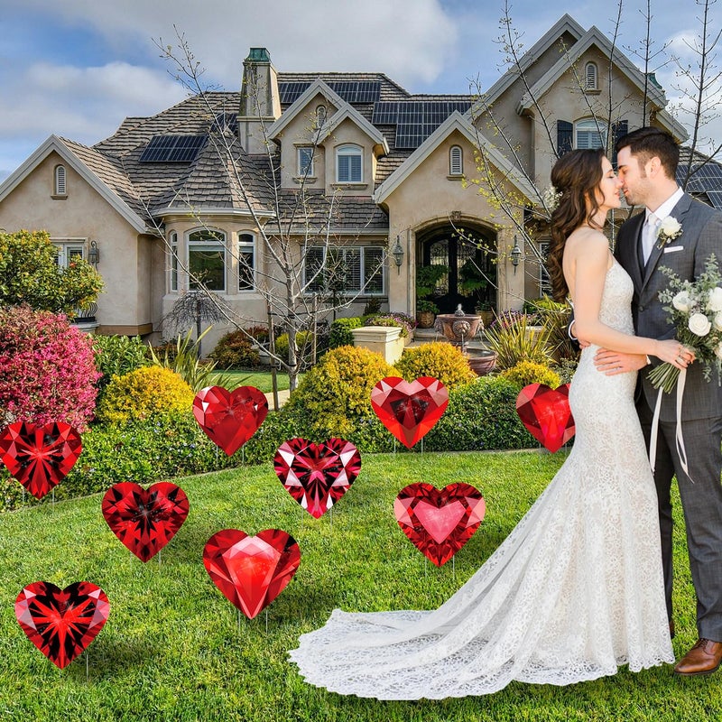 BoGlowHaven 13" Valentine's Day Yard Signs 9ct, Diamond-Design Heart Outdoor Decorations for Wedding, Proposal & Romantic Celebrations, Lawn Pathway Decor with 18 Stakes - Image 3