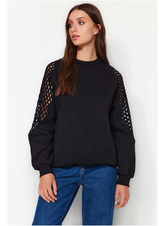 trendyol Black Mesh Detailed Thick Fleece Regular/Normal Fit Knitted Sweatshirt TWOAW24SW00134  - Image 1
