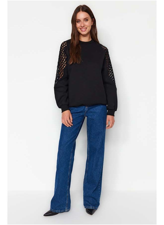 trendyol Black Mesh Detailed Thick Fleece Regular/Normal Fit Knitted Sweatshirt TWOAW24SW00134  - Image 2