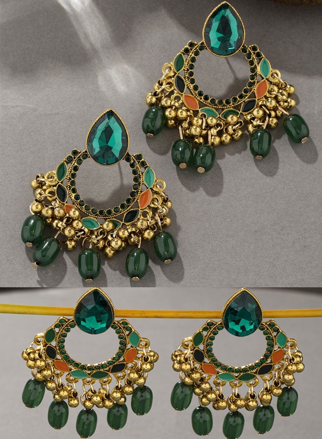 حلق جومكا لنساء - حلق هندسي تقليدي ذهبي مطلع مع شعيرات من اللحامات بالزمرد، اكسسوار راقٍ للمهرجانات والزواج - Image 1