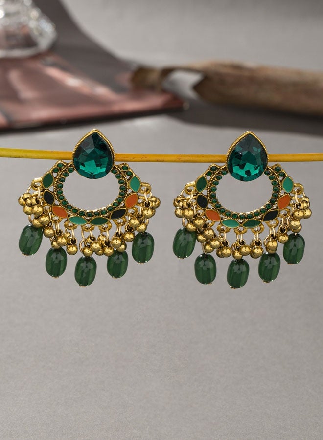 حلق جومكا لنساء - حلق هندسي تقليدي ذهبي مطلع مع شعيرات من اللحامات بالزمرد، اكسسوار راقٍ للمهرجانات والزواج - Image 2