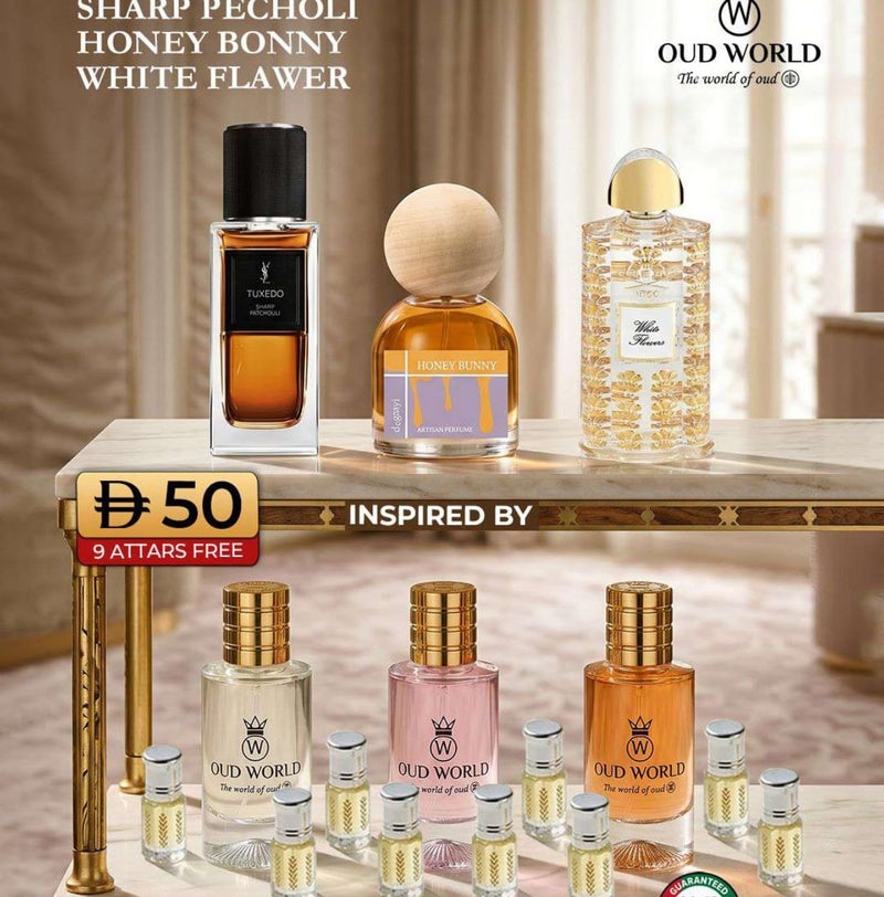 Oud World Combo Set 27 Perfume Trio – Sharp Pecholi, Honey Bonny & White Flawer | Spicy Sweet Honey & Floral Musk Blend - Image 2